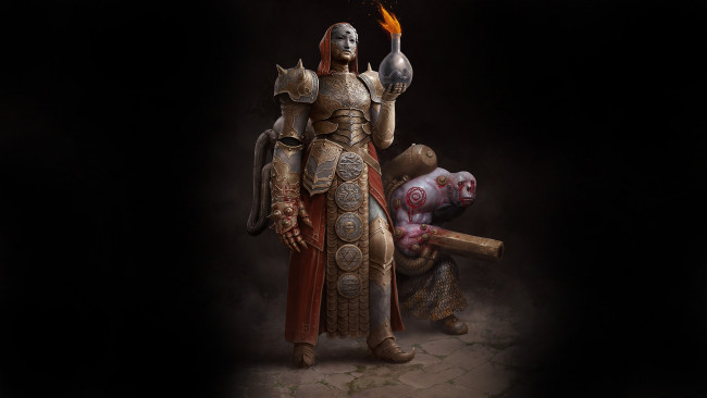 Обои картинки фото фэнтези, существа, доспехи, существо, огонь, кувшин