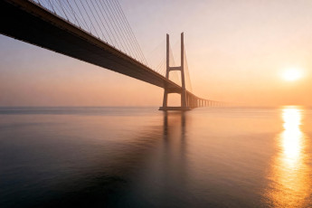 обоя 3д графика, архитектура , architecture, мост, море, горизонт, рассвет