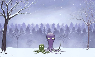 обоя рисованное, животные,  морская фауна, деревья, лес, снег, зима, осьминоги