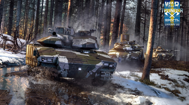 Обои картинки фото видео игры, war thunder, танки, лес, деревья, снег, лужи