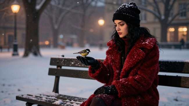 Обои картинки фото нейросеть, 3д графика, люди , people, зима, девушка, снег, скамейка, птица