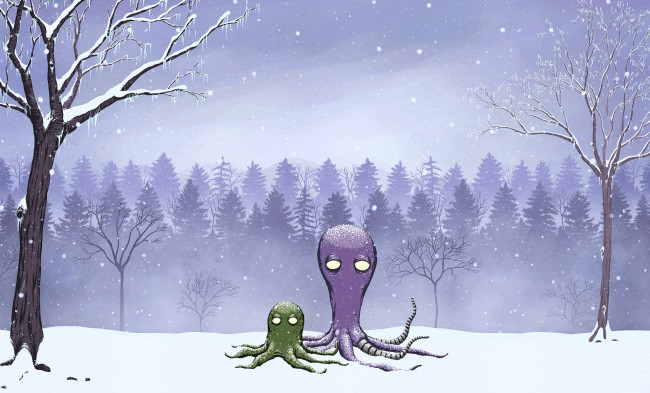 Обои картинки фото рисованное, животные,  морская фауна, деревья, лес, снег, зима, осьминоги