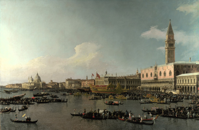 Обои картинки фото рисованное, canaletto, город, здания, люди, море, лодки