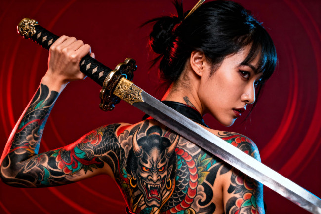 Обои картинки фото 3д графика, люди , people, девушка, азиатка, меч, тату