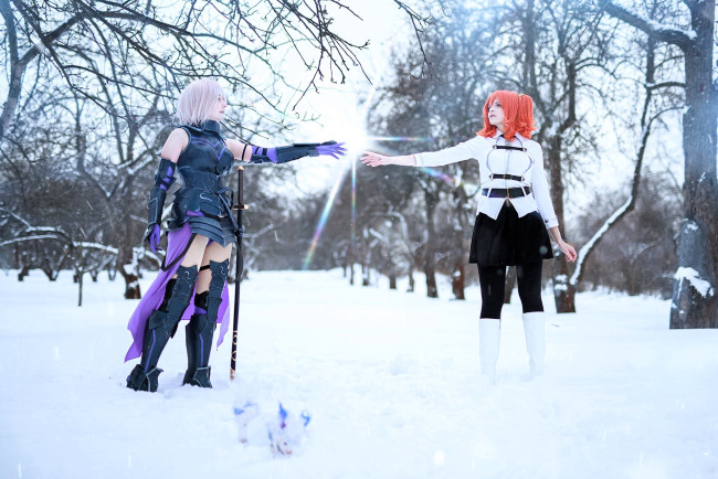 Обои картинки фото девушки, mari aisu, образы, косплей, наряды, костюмы, снег, зима, деревья