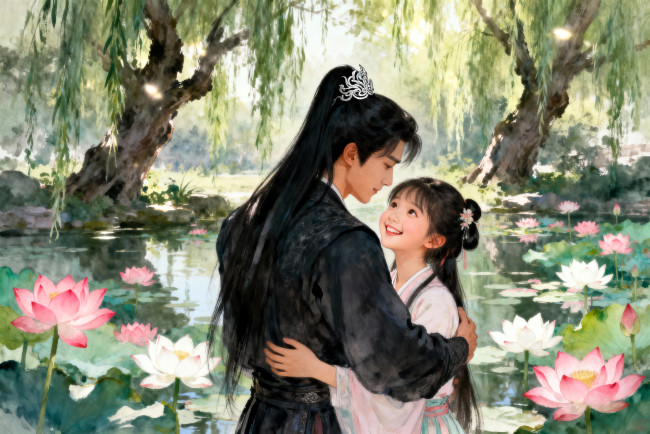 Обои картинки фото рисованное, люди, китай, парень, девочка, озеро, лотосы, деревья