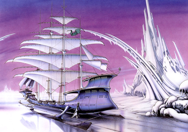 Обои картинки фото фэнтези, корабли, корабль, паруса, полозья, лед, снег, скалы