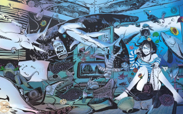 Картинка аниме *unknown другое рыбы телефон девушка комната вода