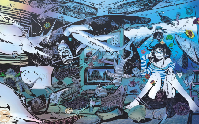 Обои картинки фото аниме, *unknown, другое, рыбы, телефон, девушка, комната, вода