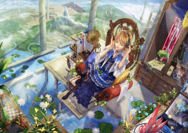 Обои картинки фото аниме, headphones, instrumental, девушка, кресло, наушники