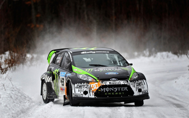Обои картинки фото спорт, авторалли, кен, блок, ken, block, ford, fiesta, передок, rally, зима, снег