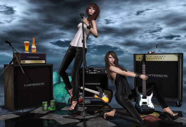 Обои картинки фото 3д, графика, people, люди, пиво, девушки, гитары, музыка