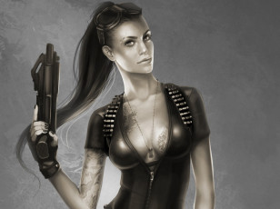 Картинка фэнтези девушки девушка пистолет очки патронташ тату