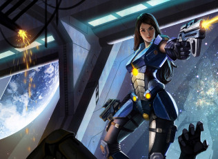 Картинка фэнтези девушки отсек автомат скафандр девушка солдат