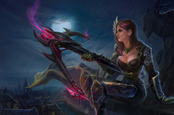 Картинка фэнтези девушки дождь город ночь арбалет девушка доспехи луна