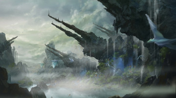 Картинка фэнтези иные+миры +иные+времена скалы утесы птицы мир иной