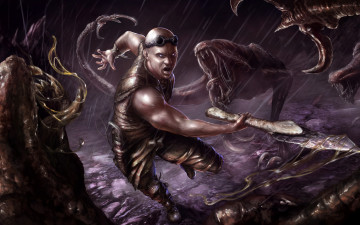 Картинка riddick 2013 рисованные кино дождь монстры чудовища бой очки