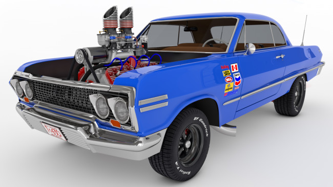 Обои картинки фото автомобили, 3д, синий, impala, chevrolet, 1963