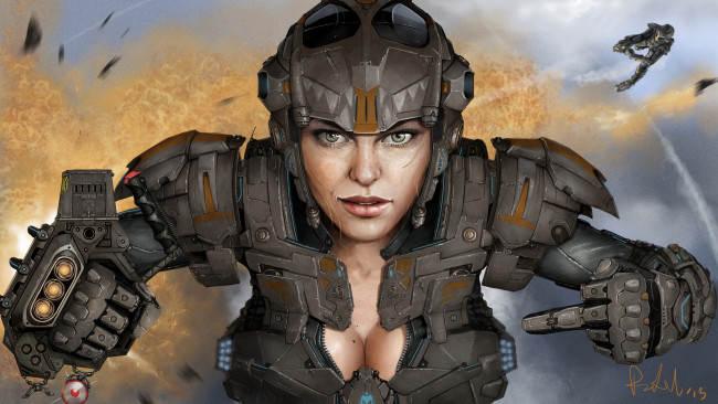 Обои картинки фото фэнтези, девушки, девушка, солдат, скафандр, защитный, взрыв