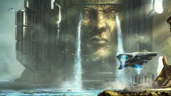 Обои картинки фото фэнтези, иные миры,  иные времена, лицо, облик, море, челнок, космический, мир, иной, скала, водопад