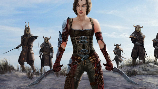 Обои картинки фото фэнтези, красавицы и чудовища, девушка, воин, мужчины, воины, маски, рога, мечи