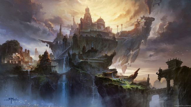 Обои картинки фото ming fan, фэнтези, иные миры,  иные времена, ming, fan, олимп, город, скала