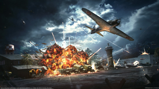 Обои картинки фото nikolai sinitca, фэнтези, иные миры,  иные времена, nikolai, sinitca, pearl, harbor, пёрл-харбор, бомбардировка, самолёты, налёт, взрыв, машины