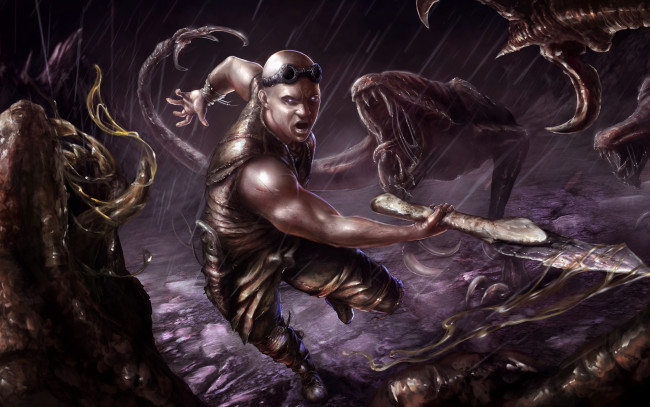 Обои картинки фото riddick, 2013, рисованные, кино, дождь, монстры, чудовища, бой, очки