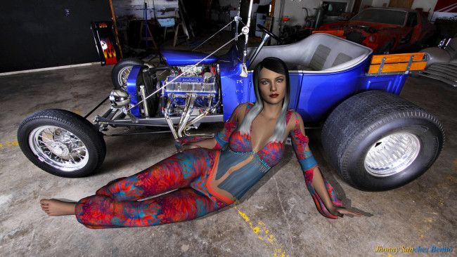 Обои картинки фото автомобили, 3d car&girl, автомобиль, фон, взгляд, девушка