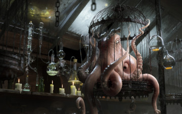 Картинка фэнтези существа осьминог графика плен существо клетка