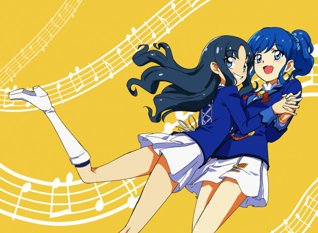 Обои картинки фото аниме, aikatsu, фон, взгляд, девушки