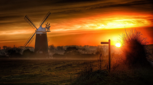 Обои картинки фото разное, мельницы, туман, ночь, мельница