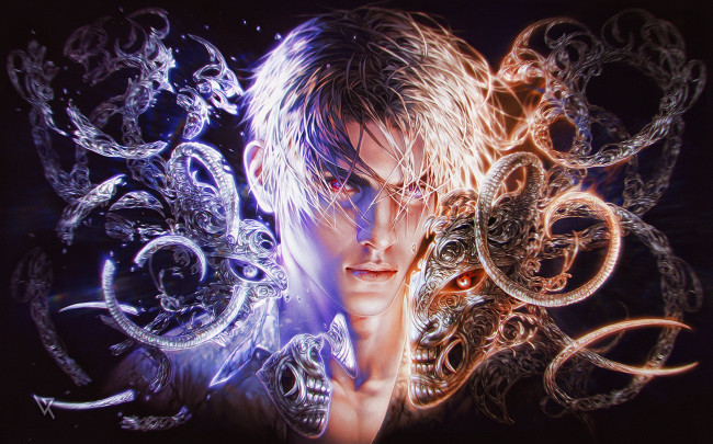 Обои картинки фото фэнтези, люди, фантазия, парень, демон, арт, свет, мужчина, лицо, тьма