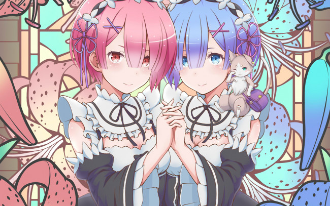 Обои картинки фото аниме, re,  zero kara hajimeru isekai seikatsu, фон, взгляд, девушки