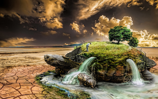 Обои картинки фото фэнтези, фотоарт, пустыня, травка, другой, мир, Черепаха