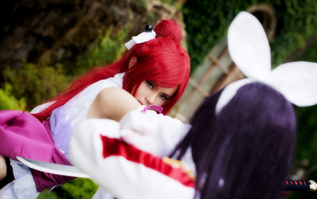 Обои картинки фото разное, cosplay , косплей, fairy, mashima, warrior, women, hiro, erza, duel, kagura, cosplay, katana, mikazuchi, tail, sexy