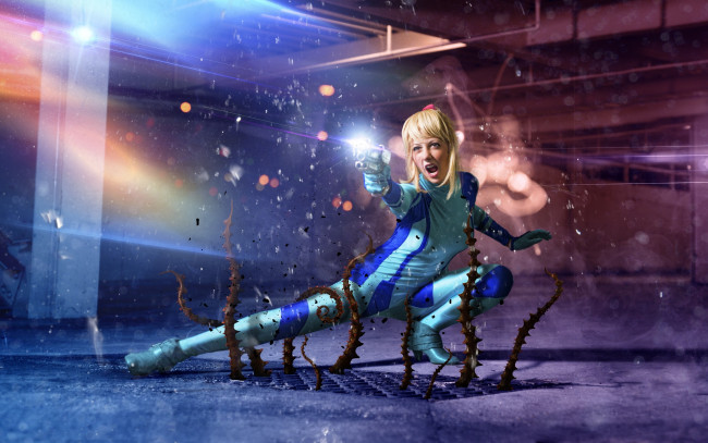 Обои картинки фото разное, cosplay , косплей, крик, пистолет, щупальца, решетка, выстрел, костюм, девушка, lauren oh