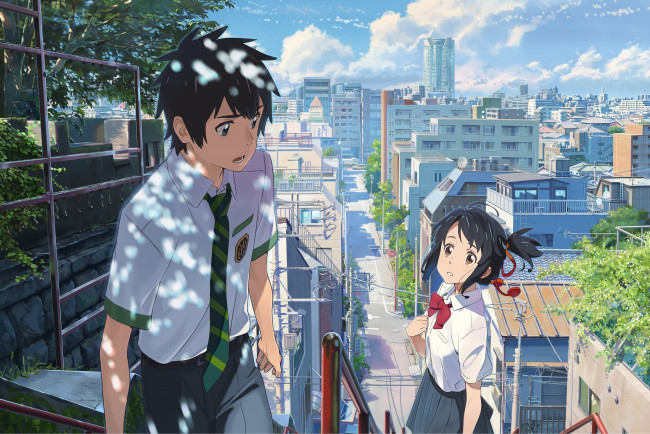Обои картинки фото аниме, kimi no na wa, взгляд, фон, девушка