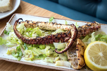 Картинка еда рыбные+блюда +с+морепродуктами осьминог лимон щупальца