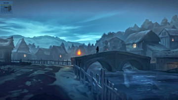 Картинка календари рисованные +векторная+графика мост 2018 дом водоем