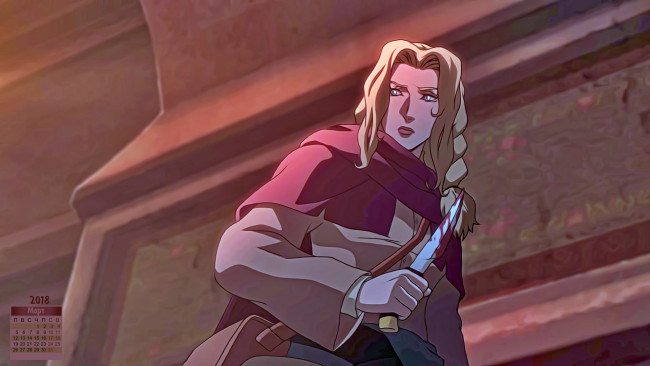 Обои картинки фото календари, аниме, 2018, нож, девушка, взгляд