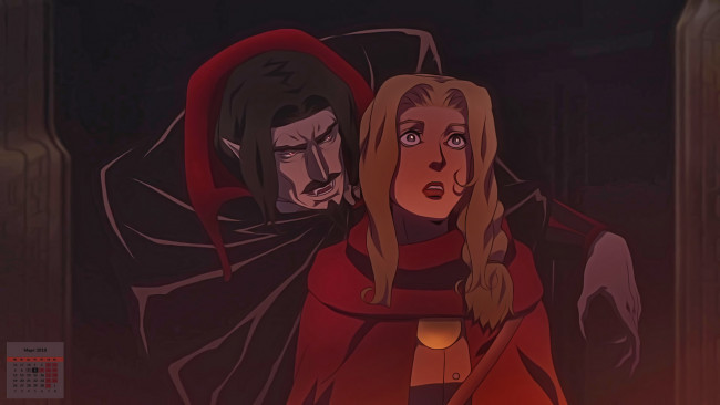 Обои картинки фото календари, аниме, девушка, 2018, испуг, вампир, взгляд, существо, страх