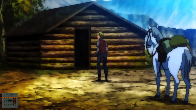 Обои картинки фото календари, аниме, лошадь, мужчина, постройка, 2018