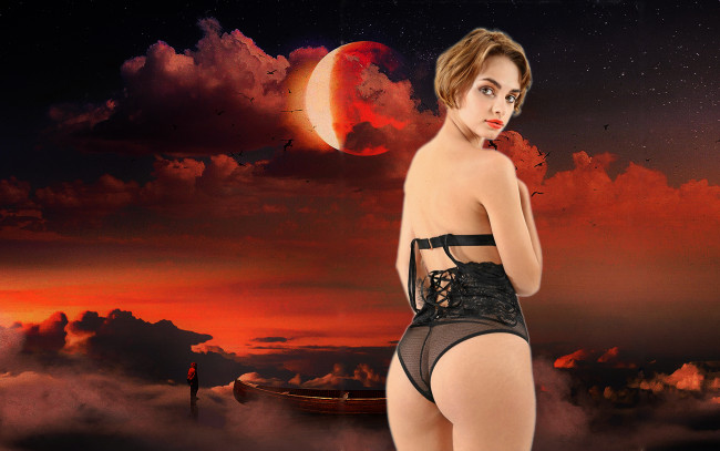 Обои картинки фото девушки, -unsort , рыжеволосые и другие, облака, поза, красный, фон