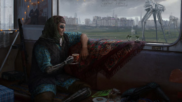 Картинка фэнтези роботы +киборги +механизмы бабушка киберпанк окно робот кружка оружие бабуля киборг