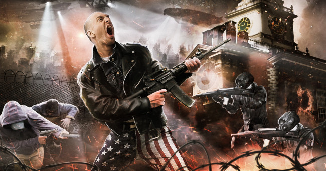 Обои картинки фото видео игры, homefront,  the revolution, автомат, здание, фон, мужчина