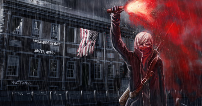 Обои картинки фото видео игры, homefront,  the revolution, флаг, здание, фон, девушка