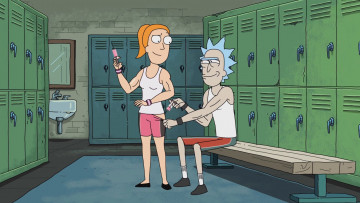 обоя мультфильмы, rick and morty, пара, шприцы, скамейка, раздевалка, шкафчики