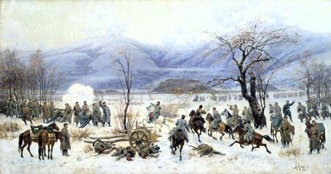 Обои картинки фото кившенко алексей - сражение у шипки, рисованное, алексей кившенко, горы, снег, зима, люди, войско, пушки