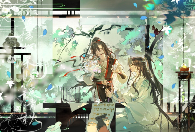 Обои картинки фото аниме, mo dao zu shi, вэй, усянь, лань, ванцзы, кролики, стол